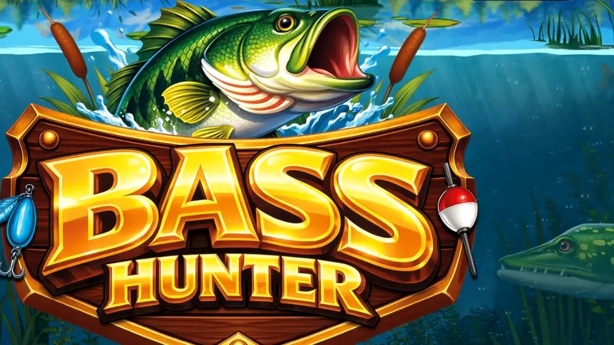 Cenário subaquático do slot Bass Hunter com peixes e equipamentos de pesca