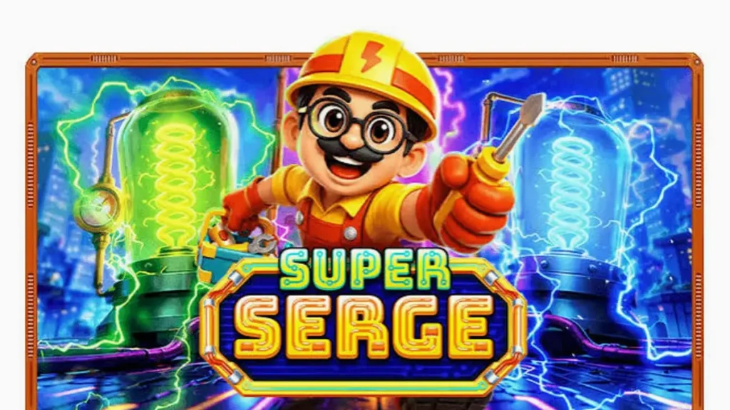 Interface vibrante e neon do slot Super Serge com o personagem eletricista