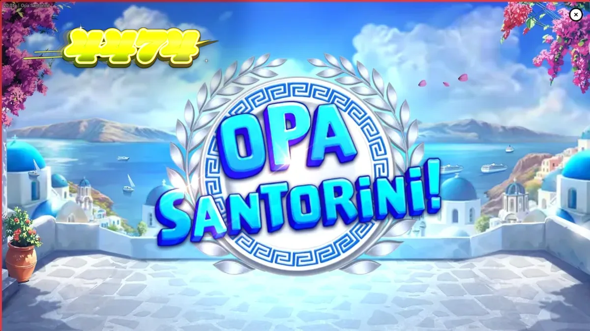 Cenário ensolarado e vibrante do slot Opa Santorini com elementos da arquitetura grega